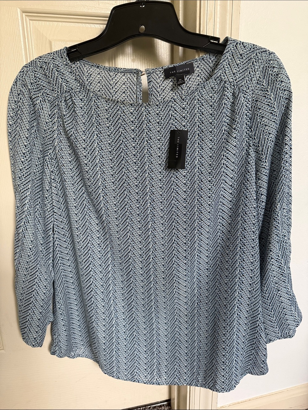 Ann Taylor Blue Chevron-Textured Long Sleeve Blouse